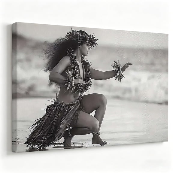 Vintage Hawaiian Hula Dancer Canvas Wall Art Black and White Tropical Beach Painting Retro Coastal Living Room Bedroom Decor Print Ready to Hang 8*12