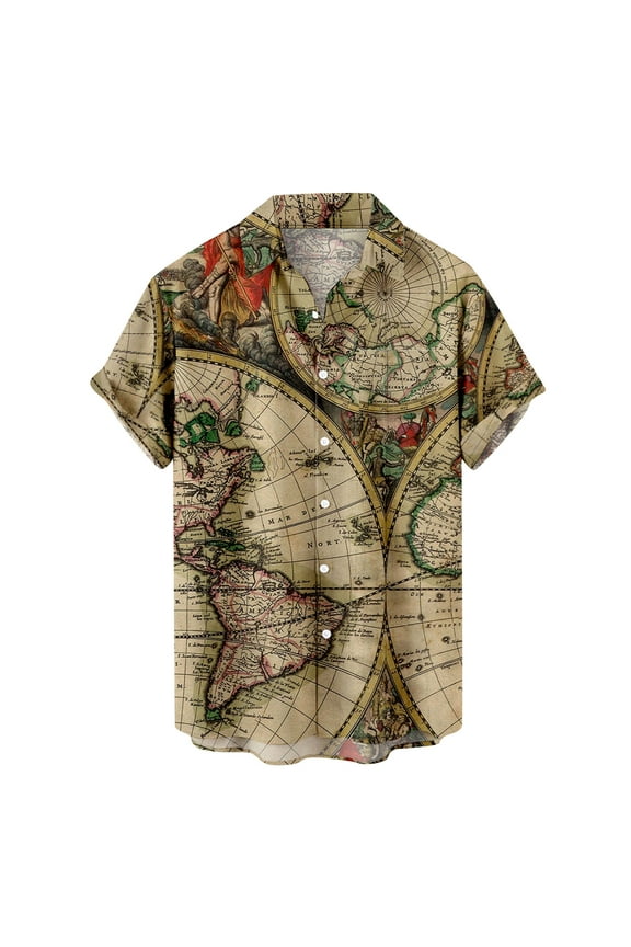 Vintage Hawaiian Shirt for Men Map Print Funky Button-up Aloha Shirts Summer Short Sleeve Tops Vacation Beach Shirts