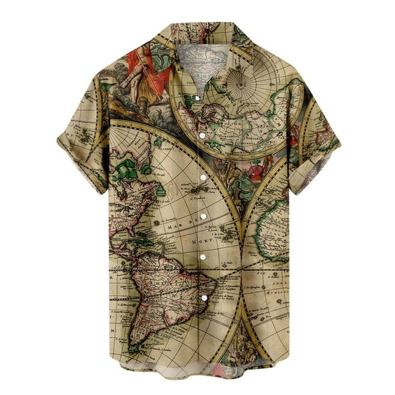 Vintage Hawaiian Shirt for Men Map Print Funky Button-up Aloha Shirts Summer Short Sleeve Tops Vacation Beach Shirts