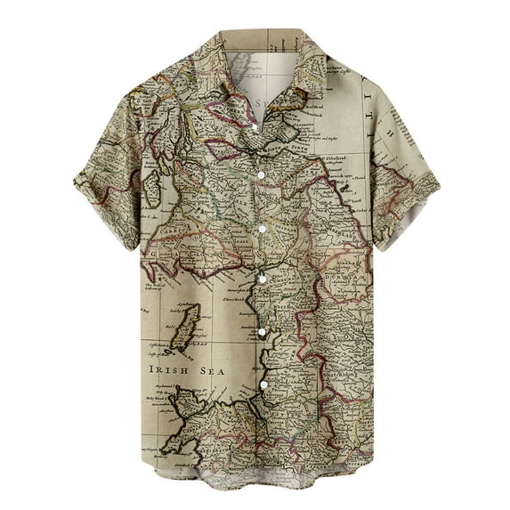 Vintage Hawaiian Shirt for Men Map Print Funky Button-up Aloha Shirts Summer Short Sleeve Tops Vacation Beach Shirts