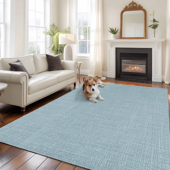 Vintage Haze Blue Area Rug 5x7 FT, Non Slip Bedroom Throw Carpet, Farmhouse Retro Solid Color Linen Texture Washable Soft Floor Carpet Non-Shedding Rug for Dining Room Bedside Classroom Desk