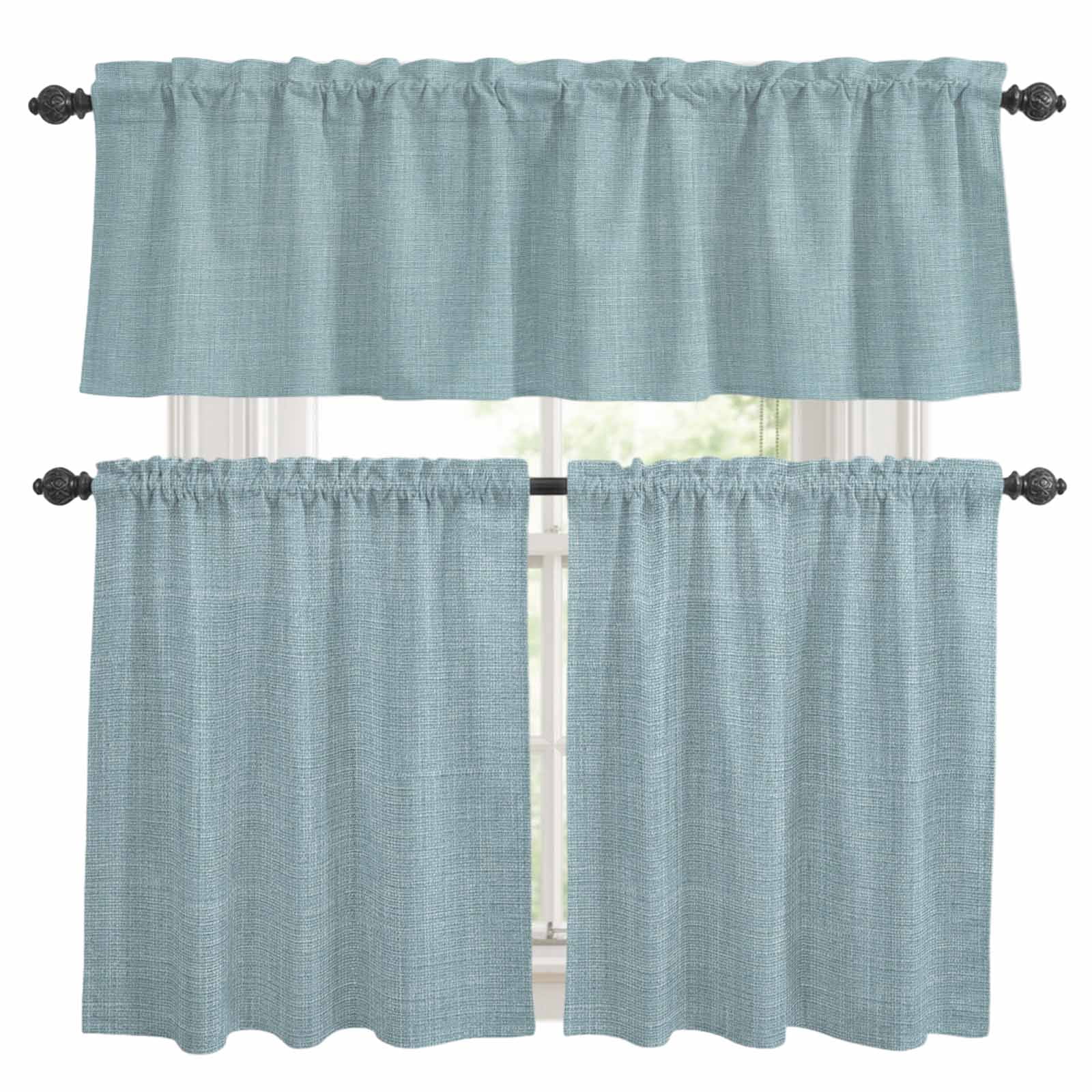 Vintage Haze Blue Kitchen Curtains Sets for Windows 36 Inch Length, Farmhouse Retro Solid Color Linen Texture Rod Pocket Window Treatments Tier Curtains and Valances Set for Bedroom/Bathroom
