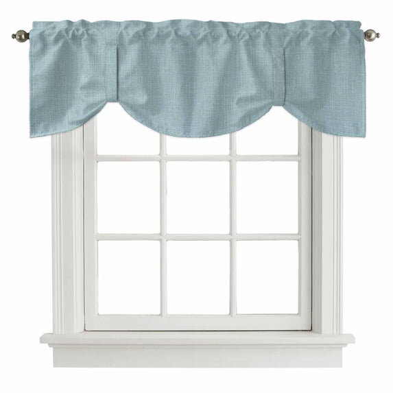 Vintage Haze Blue Tie Up Valance Curtains for Windows, Kitchen Curtains Window Treatments, Farmhouse Retro Solid Color Linen Texture Short Window Shades Valances for Bedroom Bathroom Cafe 42"x12"