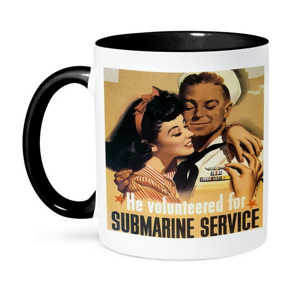 3dRose, Vintage He Volunteered for Submarine Service Poster, 15oz Two-Tone Black Mug
