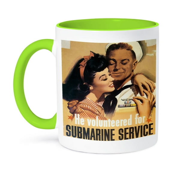 3dRose, Vintage He Volunteered for Submarine Service Poster, 15oz Two-Tone Green Mug