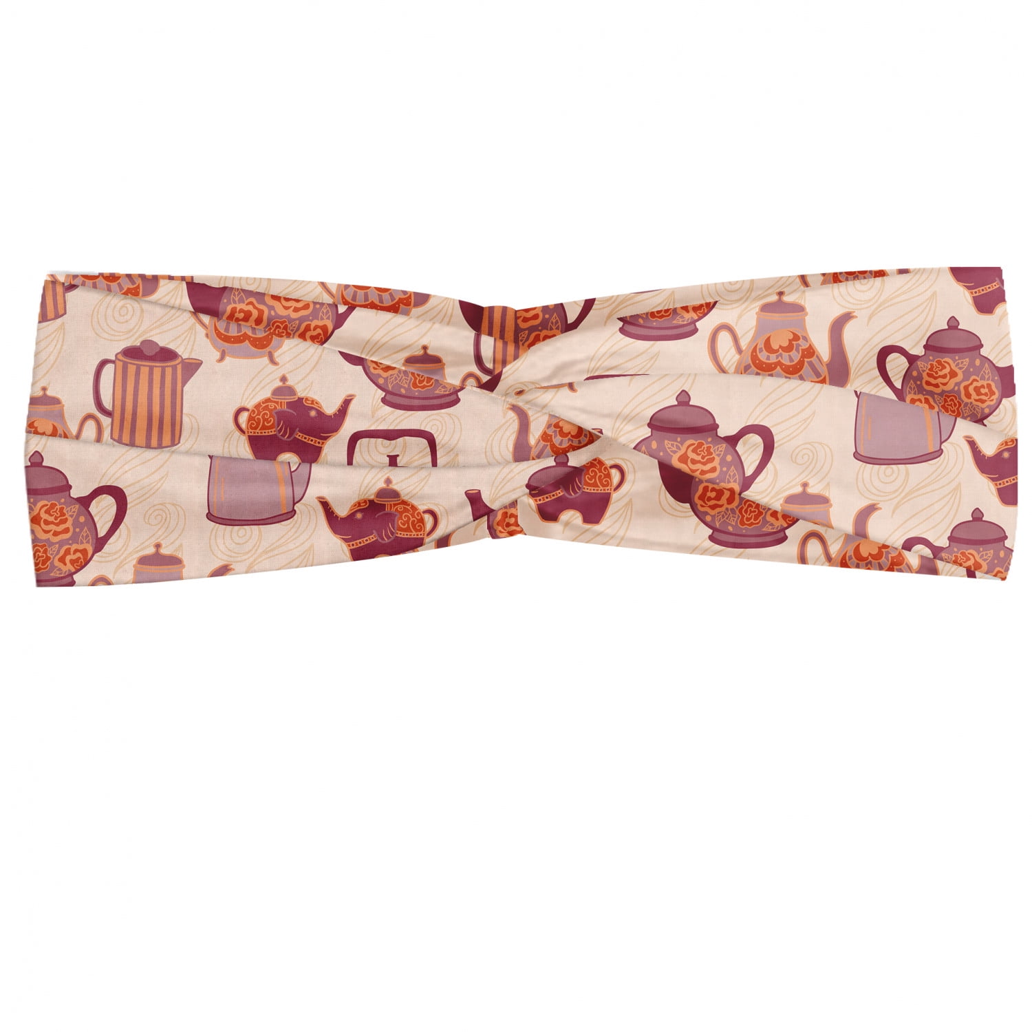 Vintage Headband, Pastel Pink and Purple Shades Tea Party Theme Print with Antique Tea Cups Tea Pots, Elastic and Soft Women's Bandana for Sports and Everyday Use, Grey Red Coconut, by Ambesonne