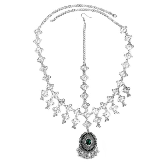 Vintage Headband for Women Adjustable Head Chain Cubic Zirconia Forehead Jewelry Jhumka Tassels Bridal Wedding Accessories Indian Festival Headpiece for Prom Special Occasions (Green, Silver)