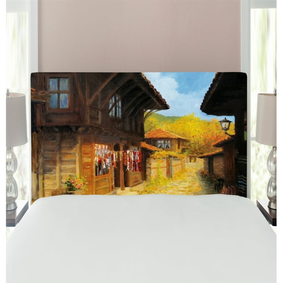 Vintage Headboard, Middle Age Wooden Houses in Fall Season Day Ottoman Balkans Traditional Style Print, Upholstered Decorative Metal Bed Headboard with Memory Foam, Twin Size, Brown Blue, by Ambesonne