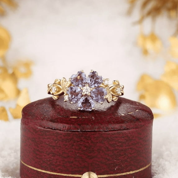 Vintage Heart Cut Alexandrite Floral Promise Ring in 14K Yellow Gold Vermeil- Floral Ring Promise Custom Jewelry For Women- June Birthstone