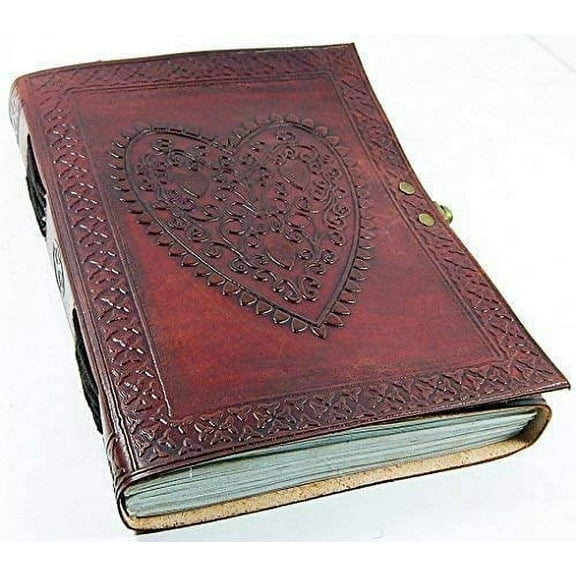 Vintage Heart Embossed Leather Journal/Instagram Photo Album (Handmade Paper) - Coptic Bound with Lock Closure - Heart Journal (Brown) Brown