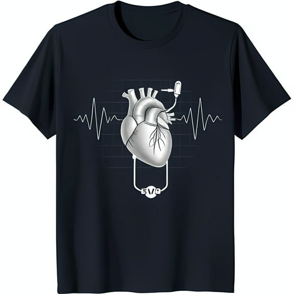 Vintage Heart Graphic T-Shirt with EKG Lines Blue Design