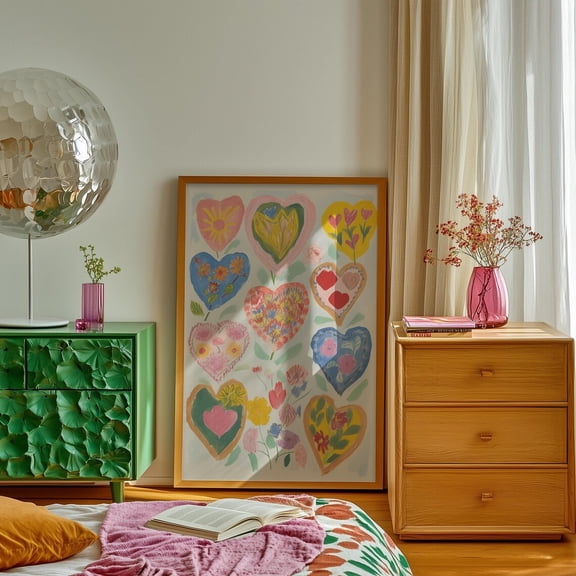 Vintage Heart Print, Colorful Floral Boho Wall Art, Unframed Paper Poster 8x10in
