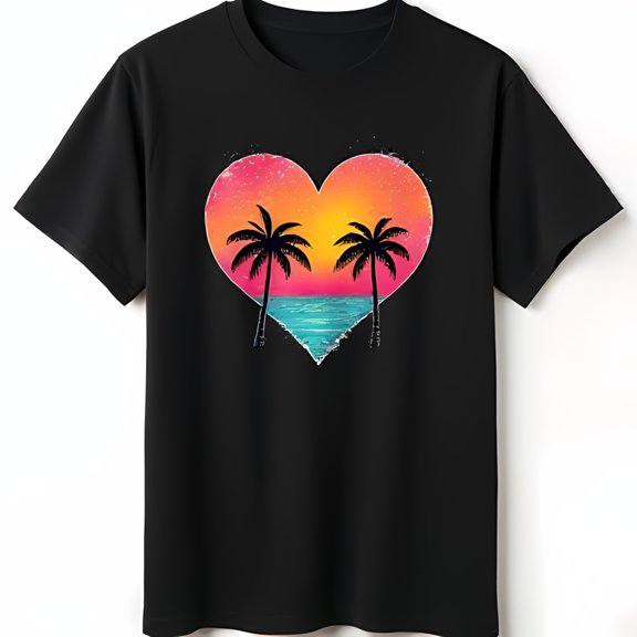 Vintage Heart Shaped Sunset T-Shirt with Trees & Ocean Retro Beach Vibes