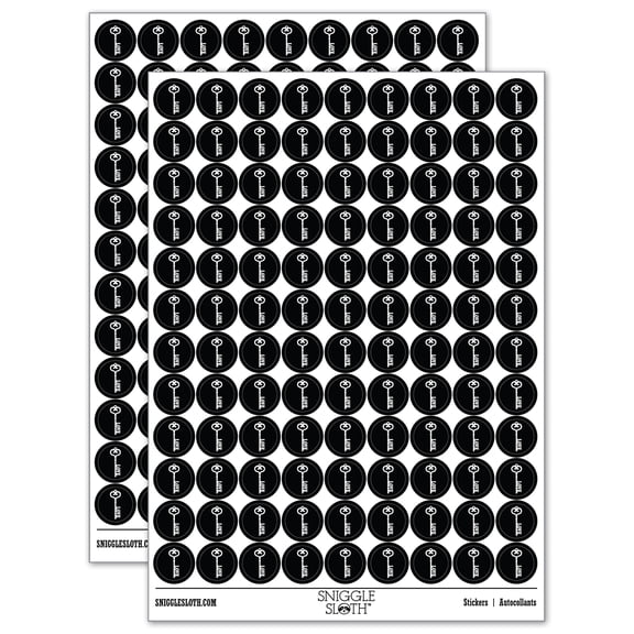 Vintage Heart Skeleton Key Love 200+ Round Stickers - Black - Gloss Finish - 0.50" Size