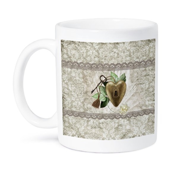3dRose, Vintage Heart with Key Accented with Leaves, Tulle, and Tassel, Sepia, 15oz Mug