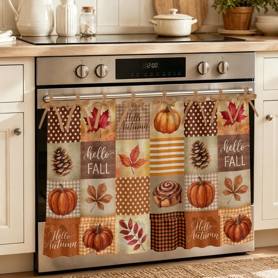 Vintage Hello Autumn Oven Skirt for Farmhouse Kitchen Décor, Thanksgiving Fall Checked Pumpkins Oven Curtain Tie Top Decorative Stove Skirt, Cabinet Dish Washer Curtains with 8 Ribbon Ties 30"x21.5"