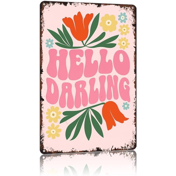 Vintage Hello Darling Retro Floral Aluminum Metal Sign 8x12inch Tin For Bathroom Bedroom Living Room Wall Decor