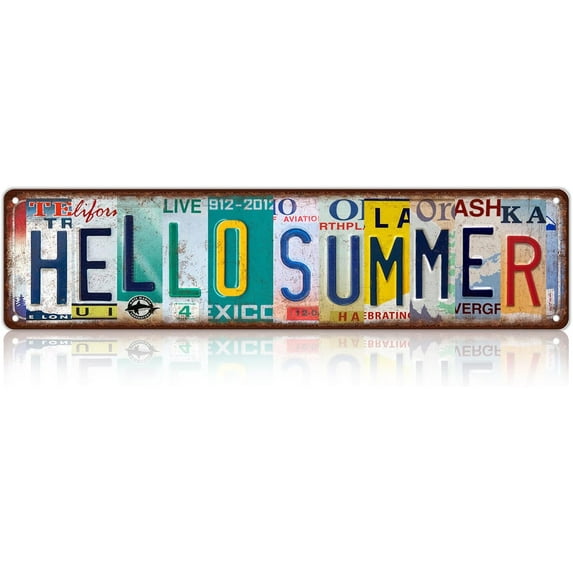 Vintage Hello Summer Metal Tin Signs Street Signs Man Cave Wall Decor 16 x 4 Inches