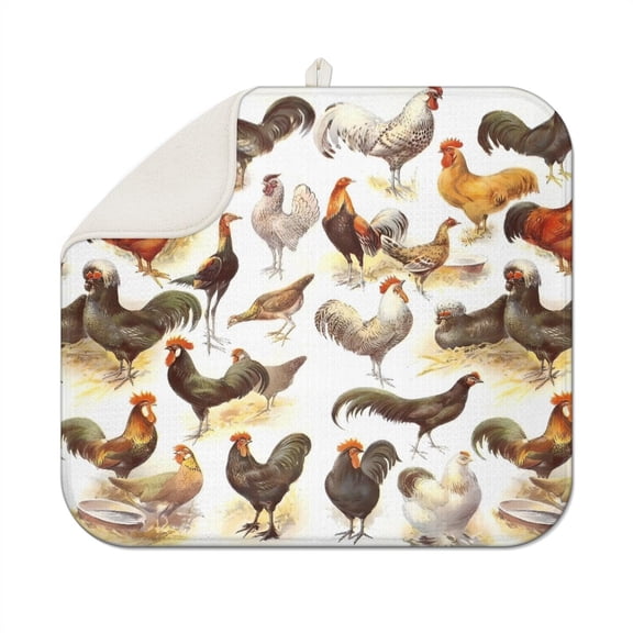 Vintage Hen Drying Mat - 3-Layer Microfiber Dish Drying Pad - Farm Fresh Chicken and Eggs Design Kitchen Counter Protector