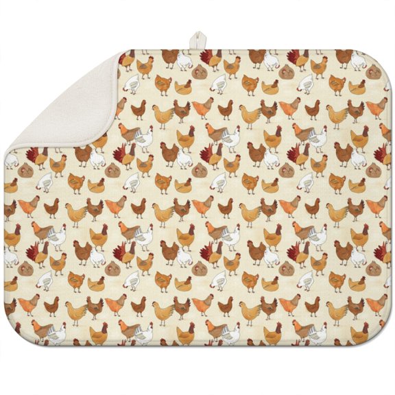 Vintage Hen Drying Mat - 3-Layer Microfiber Dish Drying Pad - Farm Fresh Chicken and Eggs Design Kitchen Counter Protector