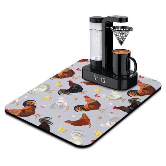 Vintage Hen and Garden Coffee Maker Mat - Non-Slip Drying Pad with Farm Art