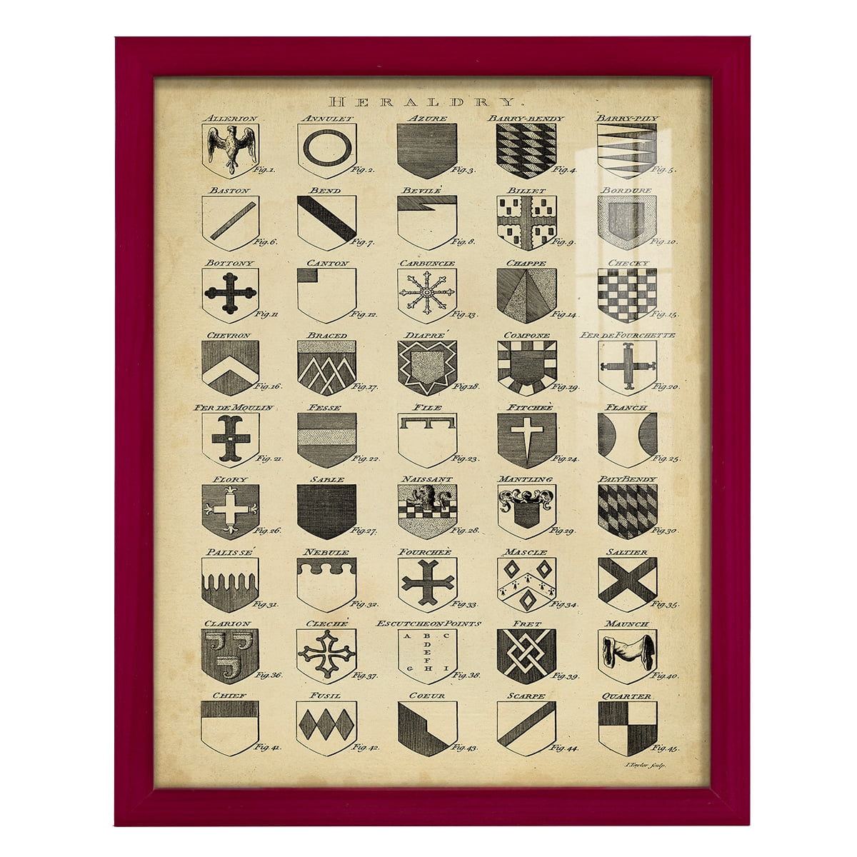 Vintage Heraldry I -Framed Print w/glass-Cherry Red