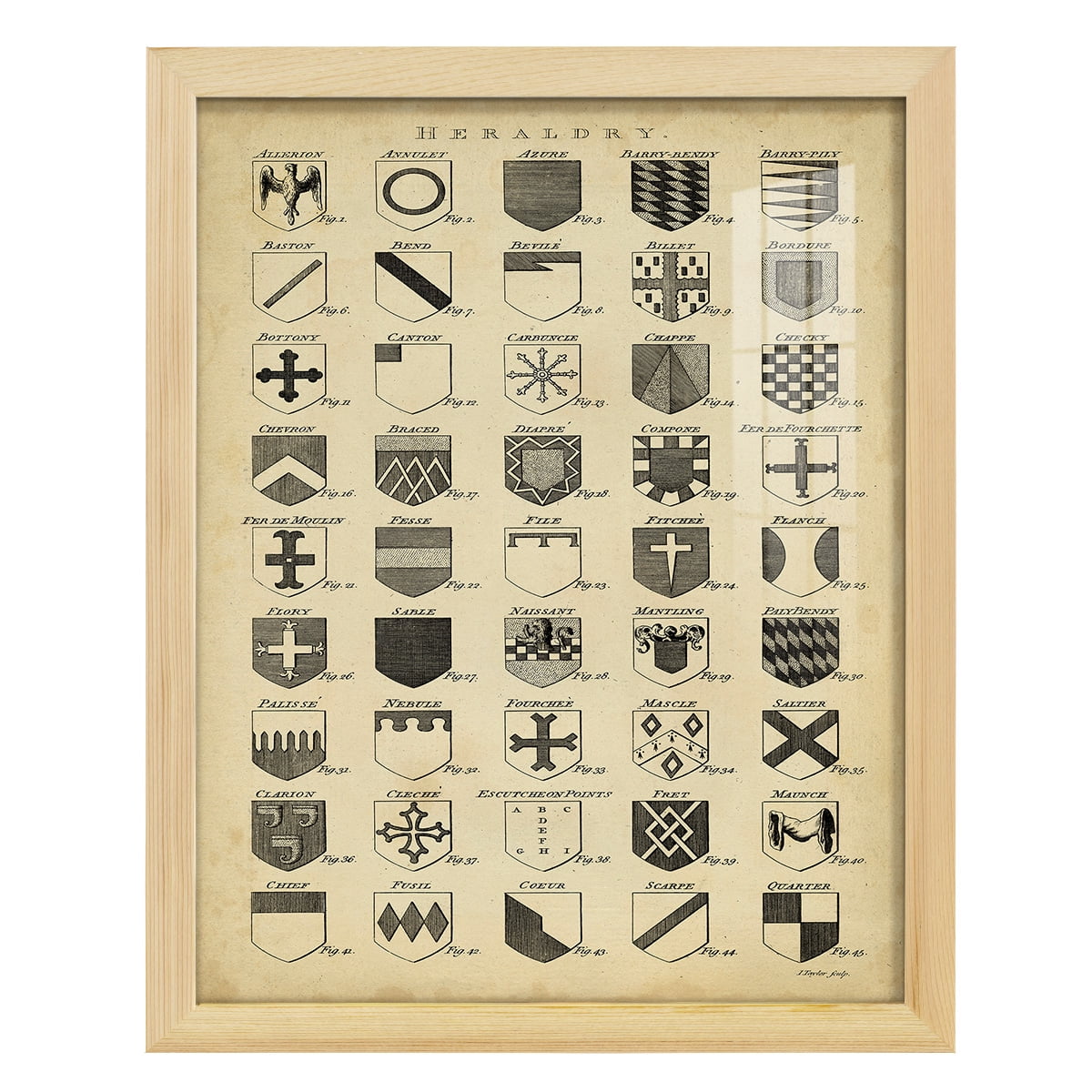 Vintage Heraldry I -Framed Print w/glass-Natural Wood