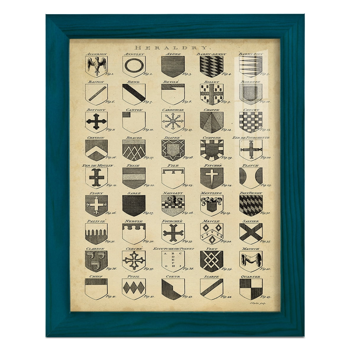Vintage Heraldry I -Framed Print w/glass-Ocean Blue