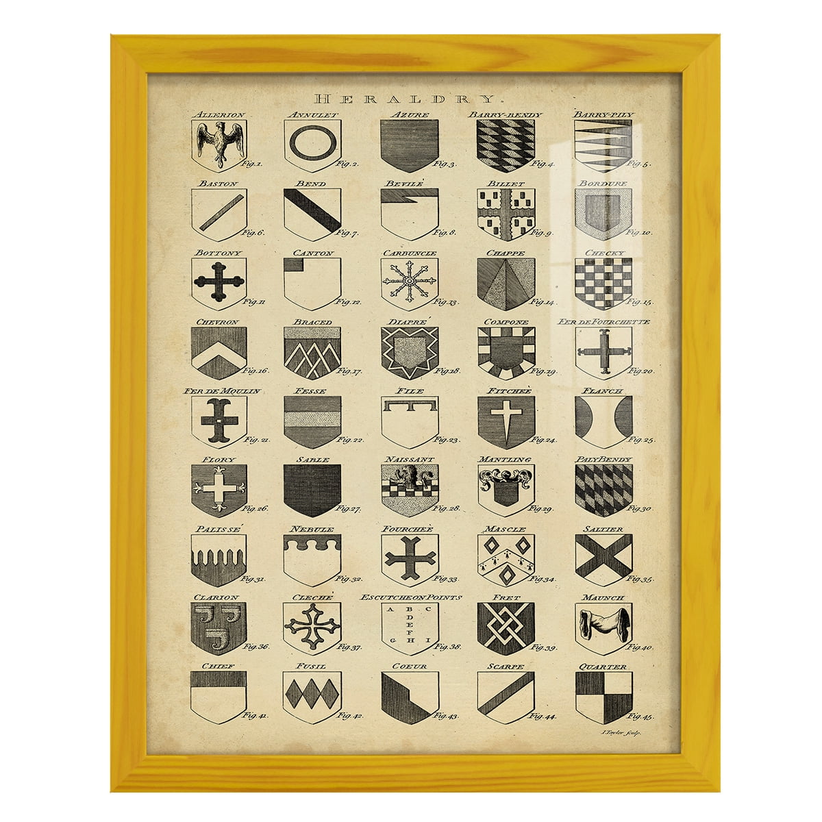 Vintage Heraldry I -Framed Print w/glass-Sunflower Yellow