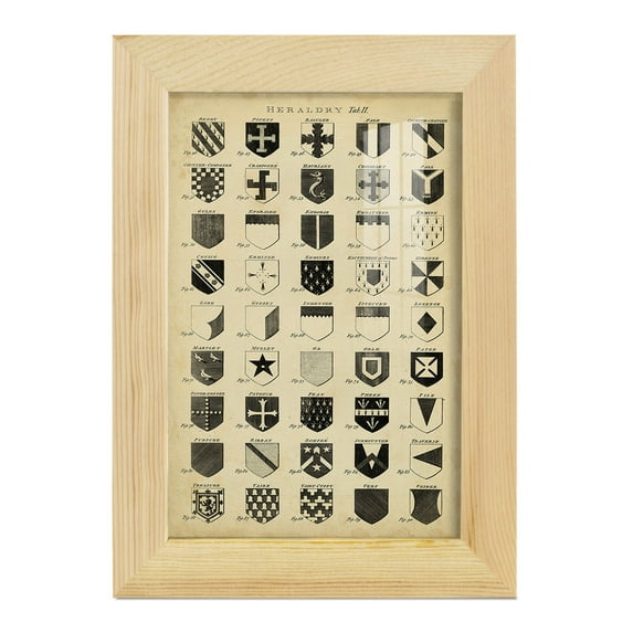 Vintage Heraldry II -Framed Print w/glass-Natural Wood