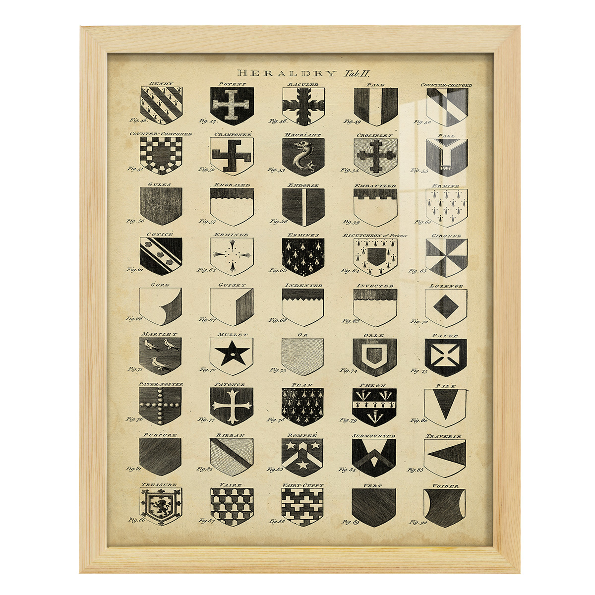 Vintage Heraldry II -Framed Print w/glass-Natural Wood