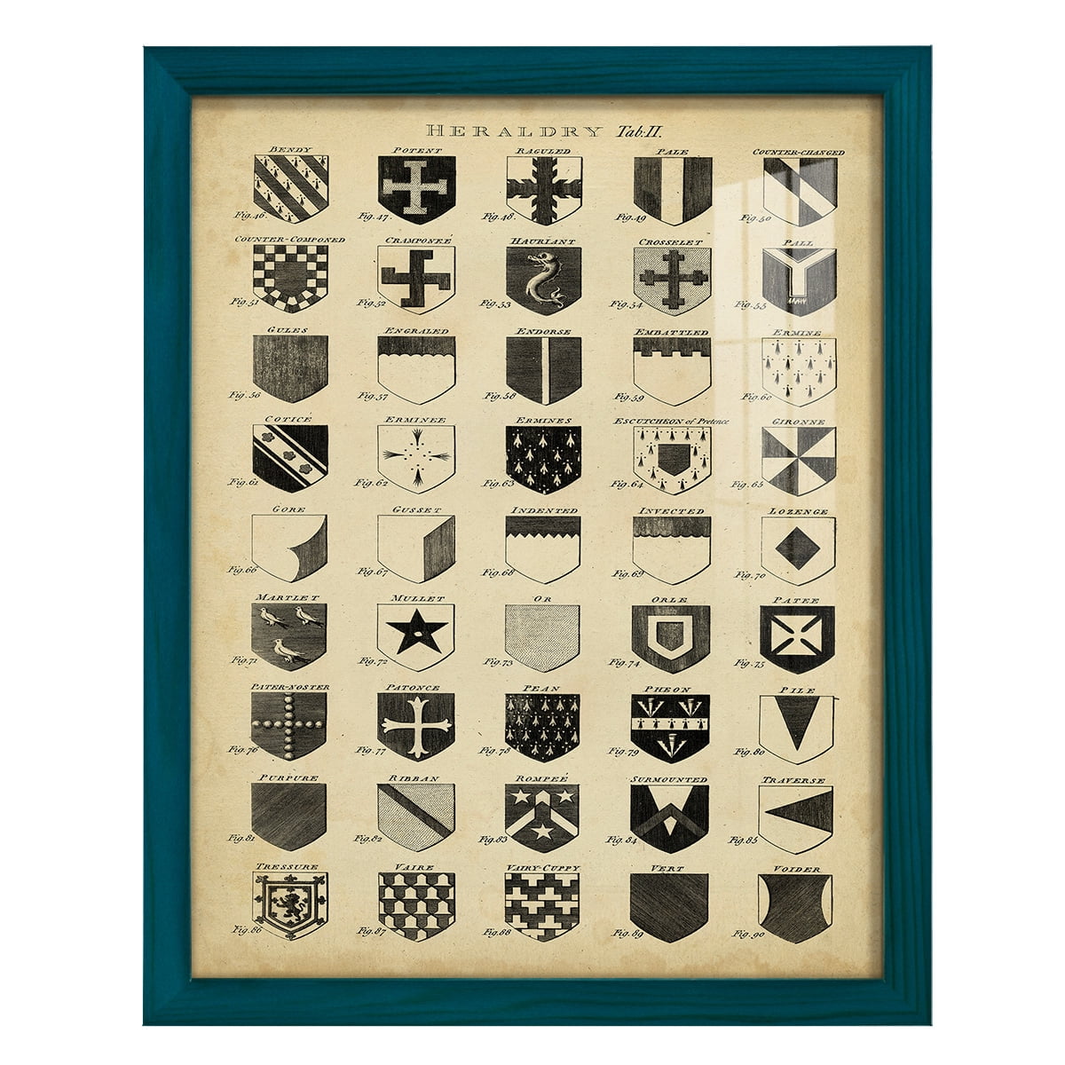 Vintage Heraldry II -Framed Print w/glass-Ocean Blue
