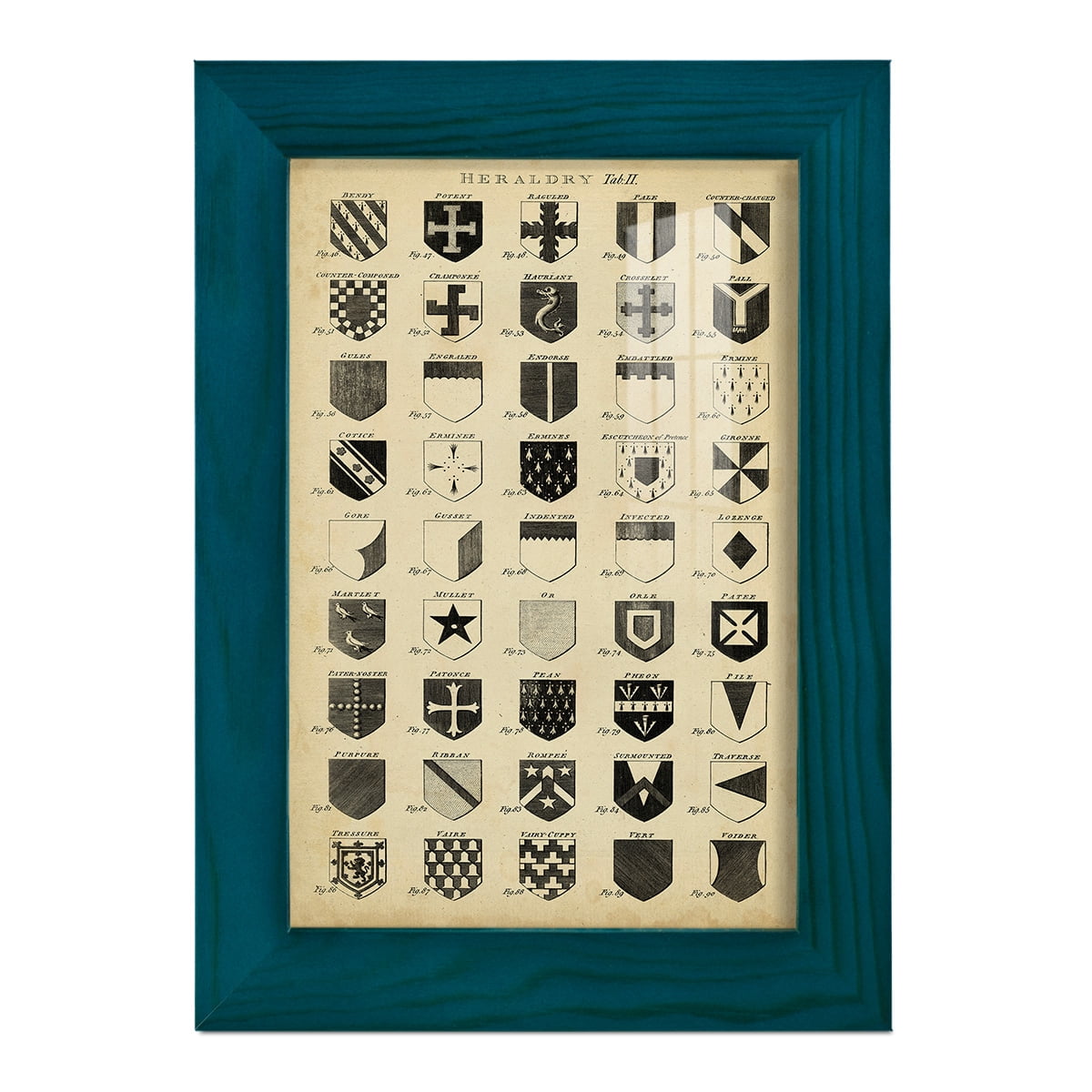 Vintage Heraldry II -Framed Print w/glass-Ocean Blue
