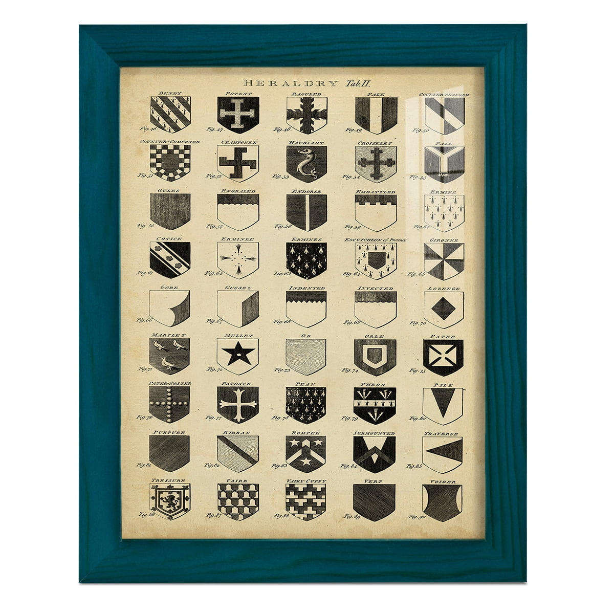 Vintage Heraldry II -Framed Print w/glass-Ocean Blue