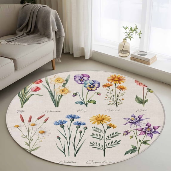 Vintage Herb Round Area Rugs 3 ft, Pastoral Flower Country Decoration Washable Small Area Rug with Non-Slip Sturdy Edge Binding Round Front Door Mat Floor Carpet for Entryway