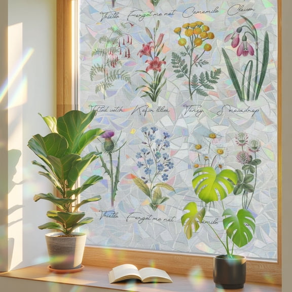 Vintage Herb Window Privacy Film, Pastoral Flowers Country Decoration Stained Glass Rainbow Film Decorative Window Clings, Static Cling Sun Blocking Stickers 19.6" x 39.3"