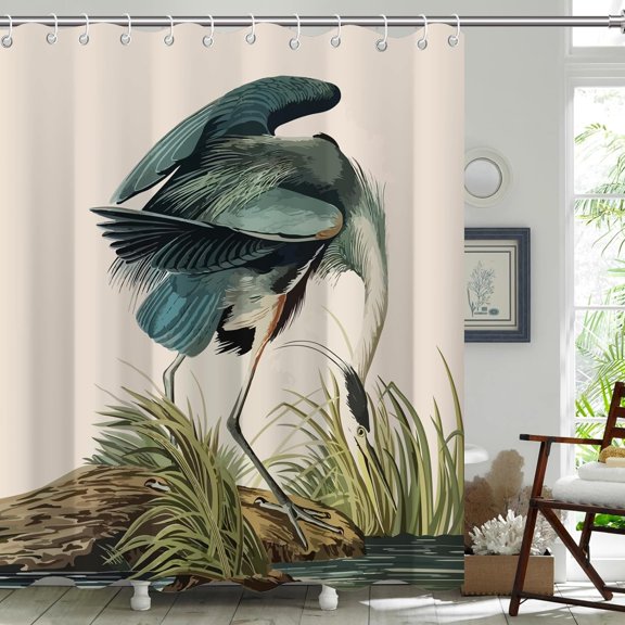 Vintage Heron Bird Art Shower Curtain,Waterproof Polyester Fabric with Hooks Elegant Artistic Bathroom Decor-36"W x 72"L (Pack of 1)
