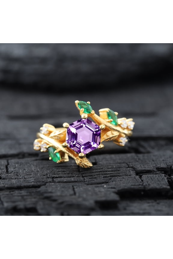 Vintage Hexagon Cut Amethyst Engagement Ring Leaf Gold Branch Promise Jewelry Art Deco Nature Inspired Diamond Emerald Ring Birthday Gift