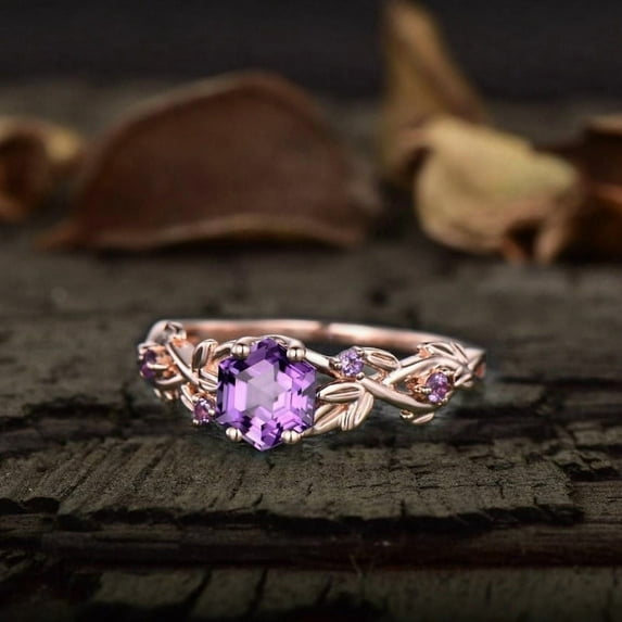 Vintage Hexagon Cut Amethyst Leaf Band Ring, Dainty Twist Branch Amethyst Promise Ring, Minimalist Purple Amethyst Wedding Ring, Nature Inspired Ring