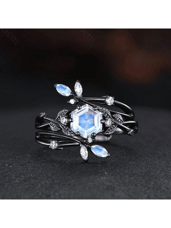 Vintage Hexagon Moonstone Engagement Ring in 14K Black Gold Vermeil- Diamond Promise Ring For Women 