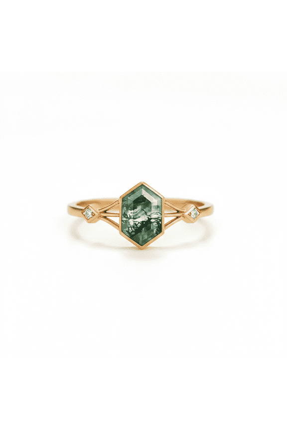 Vintage Hexagon Moss Agate & Daimond Nature Inspired Ring, Anniversary Split Band Ring, Three Stone Engagement Ring, June Birthstone Ring