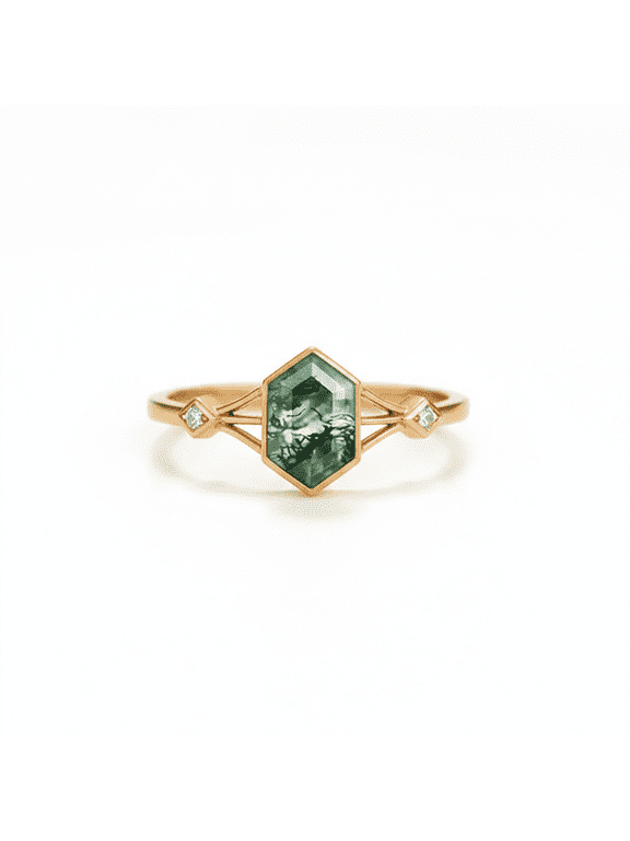 Vintage Hexagon Moss Agate & Daimond Nature Inspired Ring, Anniversary Split Band Ring, Three Stone Engagement Ring, June Birthstone Ring