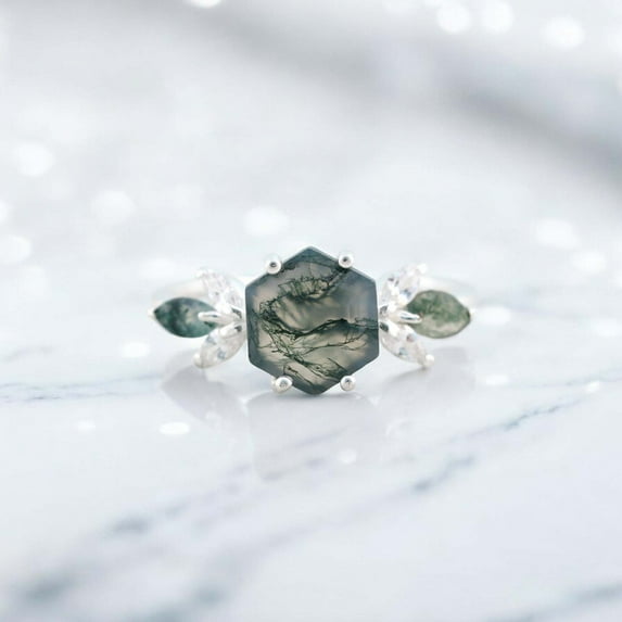 Vintage Hexagon Moss Agate Ring 925 Sterling Silver Moss Agate Engagement Ring,Marquise Moissanite Cluster Ring,Cluster Anniversary Stack Ring