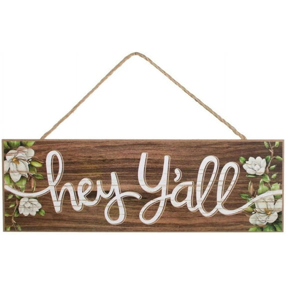 Vintage Hey Y'all Wooden Sign - 15" x 5", Blooming Magnolia Branches and Brown Front Door Decor, Easter, Southern Wall Decoration, Wreath, Home, Kitchen, Farmhouse, Porch, Christmas