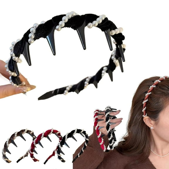 Vintage High Cranium Artificial Pearl Hairband, Elegant Non Slip Pearl Headbands, Bridal Hair Hoops, for Women and Girls, Stylish Bling Hair Hoop for Wedding, Party Or Daily Wear (Black, m)