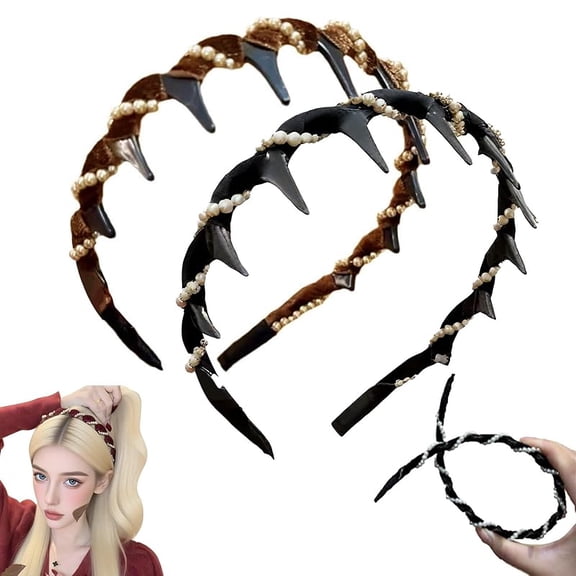 Vintage High Cranium Artificial Pearl Hairband, New Elegant Braided Pearls Headbands with Teeth for Women, Anti-slip Decorative Hair Bands Fashion Hair Accessories Gifts (Brown, One Size)