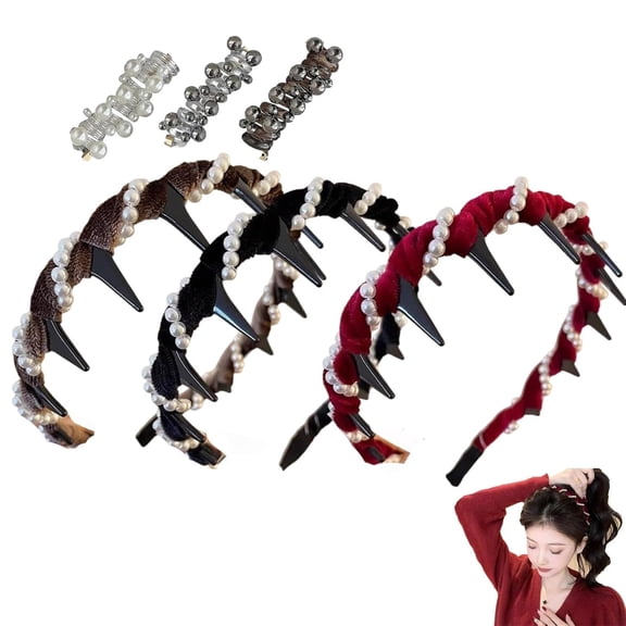 Vintage High Cranium Artificial Pearl Hairband, Wide Beaded Bling Pearl Headband with Teeth Hoop