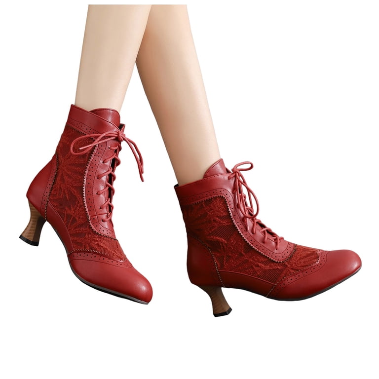 Oyedens Vintage High Heels Dress Combat Boots for Women Lace Leather Patchwork Kitten Wedding Ankle Booties, Women's, Size: 7, Red