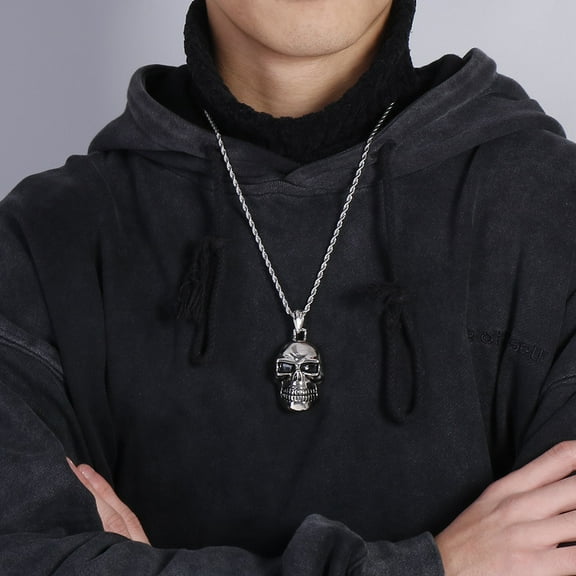 Vintage High Polish Skull Pendant Punk Hip Hop Skeleton 14K White Gold Necklace For Men Gothic Party Jewelry Gifts