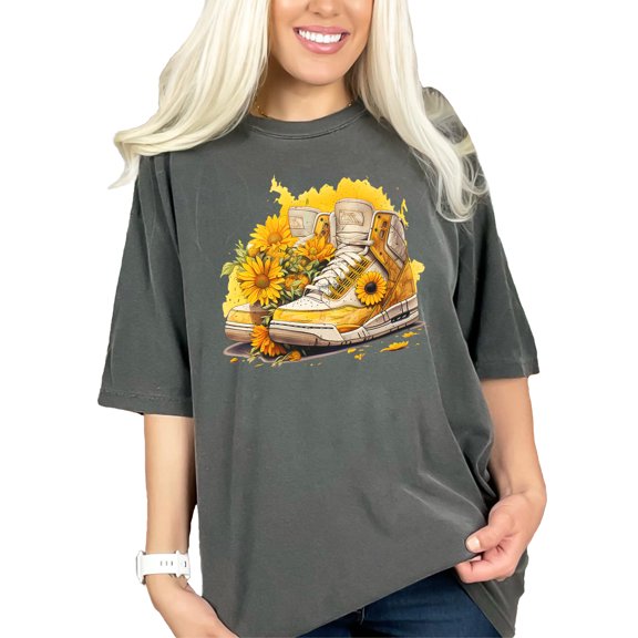 Vintage High Top Sneaker Art TShirt, Retro Basketball Shoes Sunflower Design, Fashion Streetwear Graphic Tee, Unisex Casual Shirt, Pepper Comfort Colors T-Shirt, XL